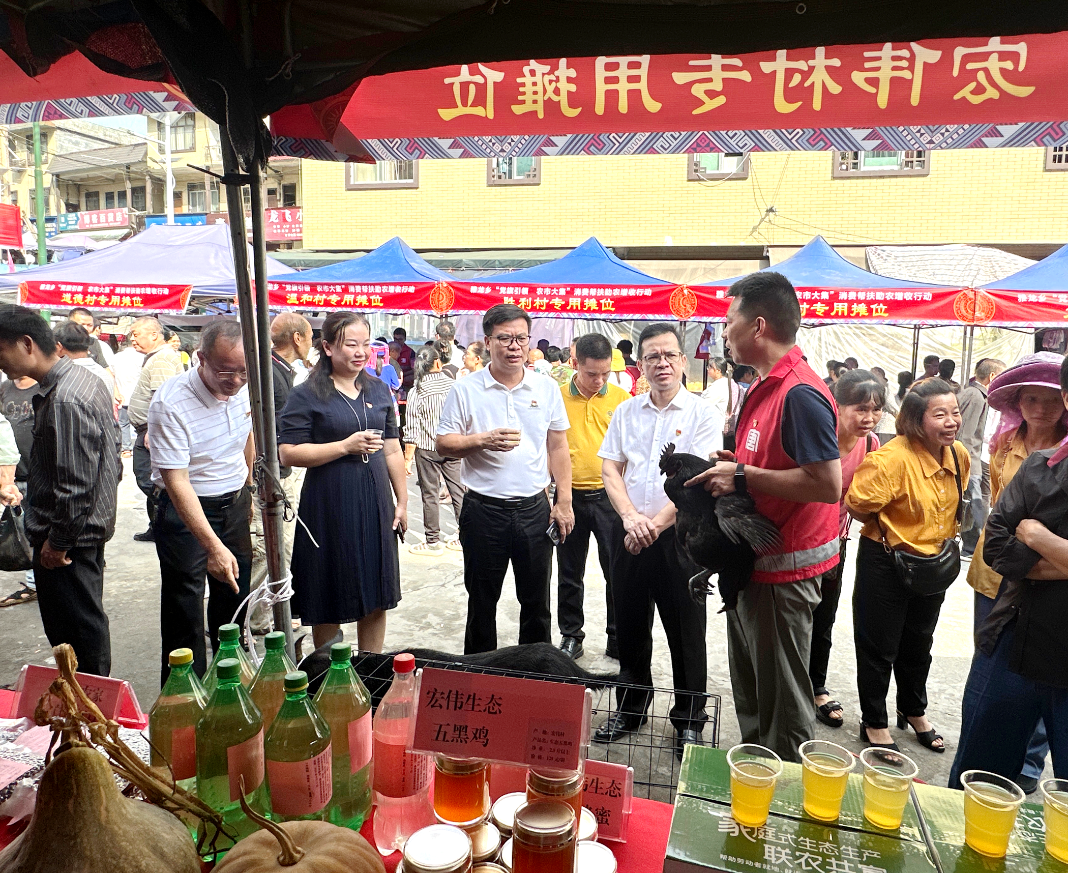 圖為駐村第一書記黃福元帶領宏偉村參加雅龍鄉(xiāng)農(nóng)市大集,向觀展人員介紹宏偉生態(tài)五黑雞.png